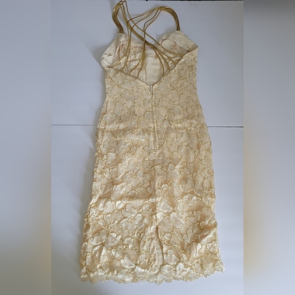Vintage Champagne lace and beaded sweetheart neckline gold cross back midi dress - Picture 4 of 12